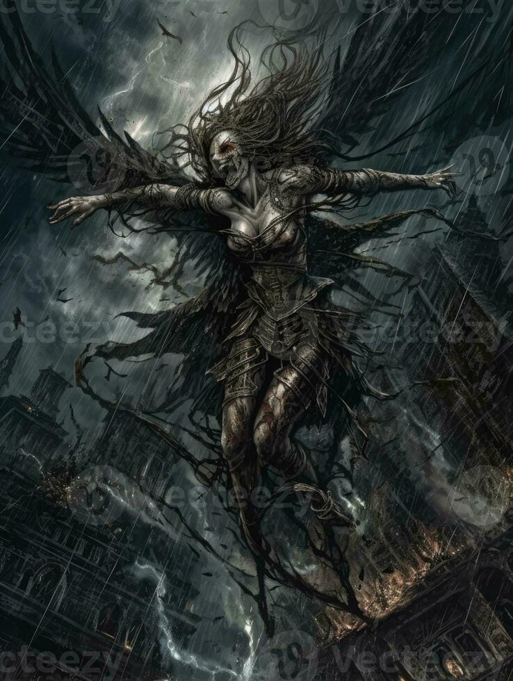 demone volante Tyrael gioco tatuaggio epico buio fantasia illustrazione arte pauroso manifesto olio pittura foto