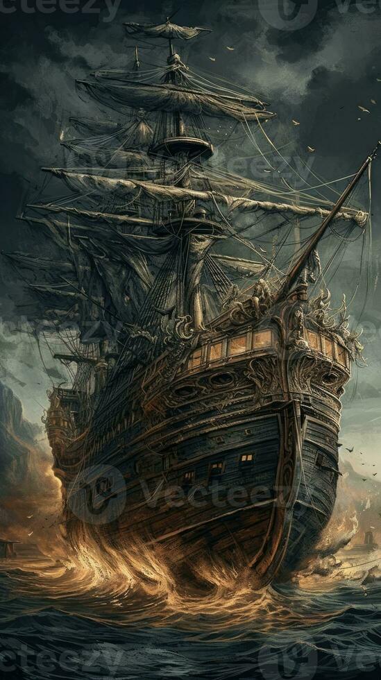 nave mare onda epico buio fantasia illustrazione arte pauroso dettagliato manifesto olio pittura apocalisse foto
