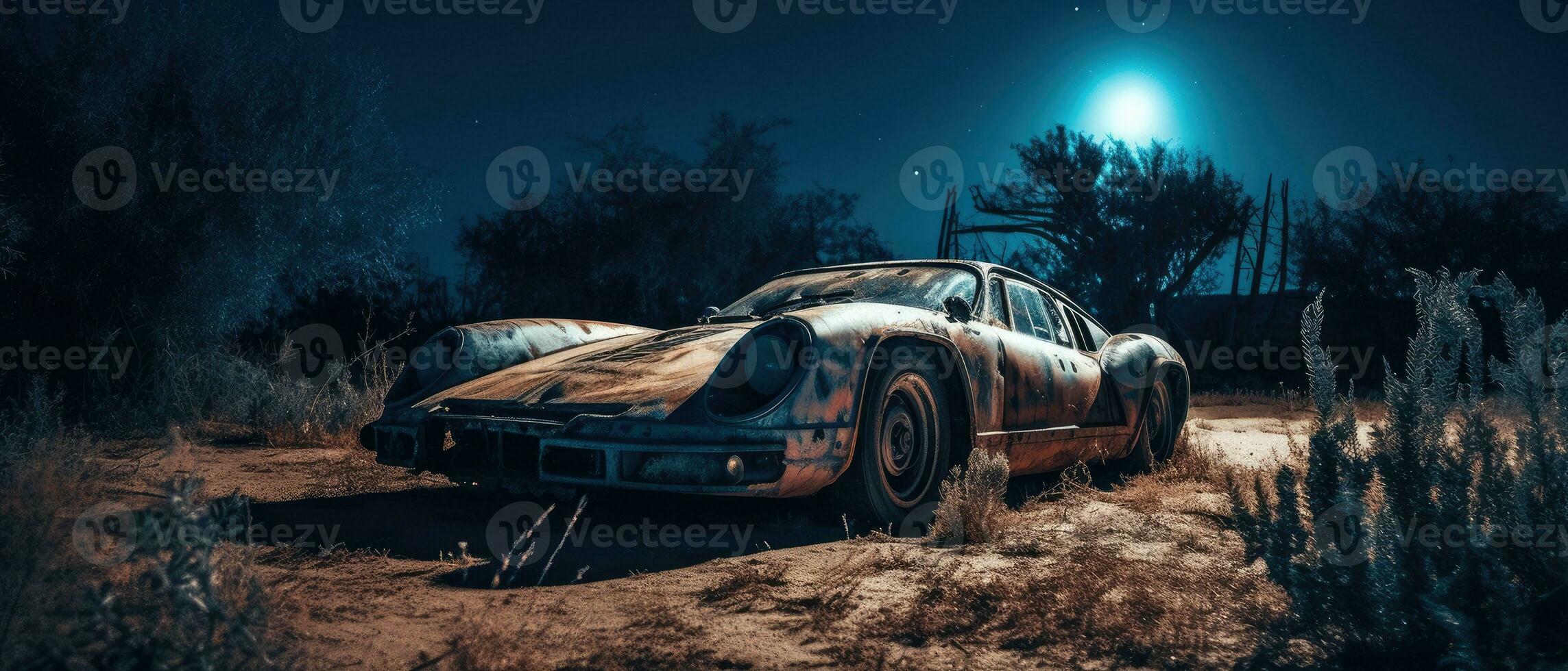 retrò super auto distrutto inviare apocalisse paesaggio gioco sfondo foto arte illustrazione ruggine