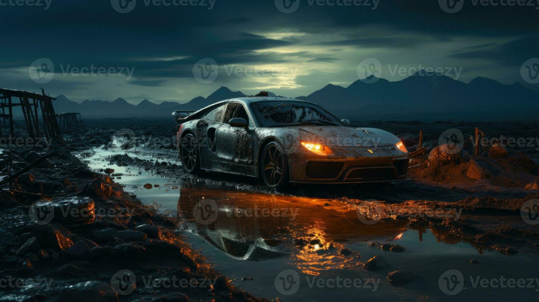 retrò super auto distrutto inviare apocalisse paesaggio gioco sfondo foto arte illustrazione ruggine