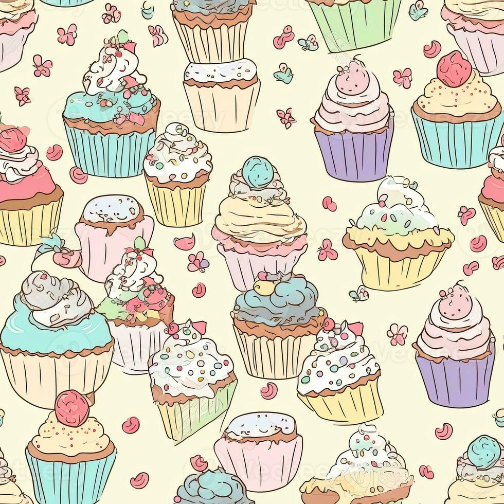 cupcakes dolce senza soluzione di continuità modello floreale scrapbooking foglio design pastello Stampa pittura acquerello foto