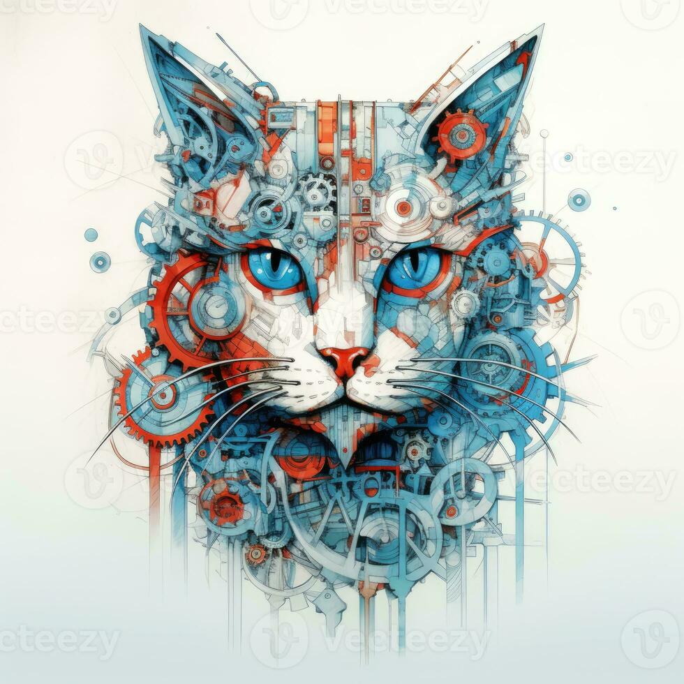 gatto ritratto grande occhi ingranaggi astratto illustrazione tatuaggio industriale manifesto arte geometrico vettore steampunk foto