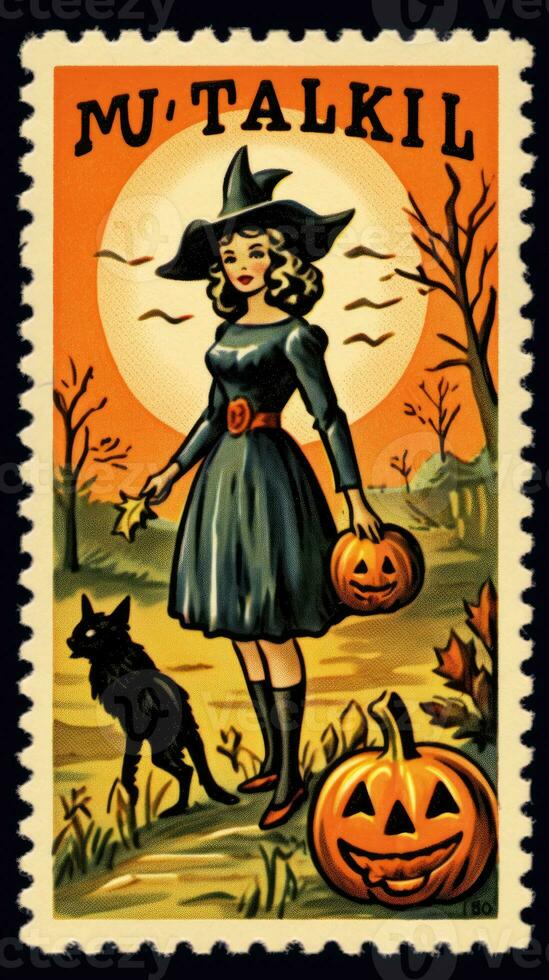 strega donna carino affrancatura francobollo retrò Vintage ▾ 1930 halloween zucca illustrazione scansione manifesto foto