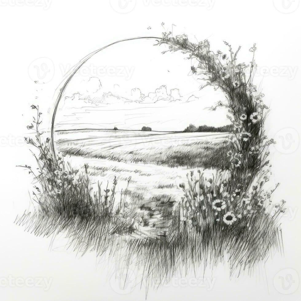 fiore campo gesso matita paesaggio schizzo scarabocchio realistico semplice manifesto il giro arte mano disegnato foto