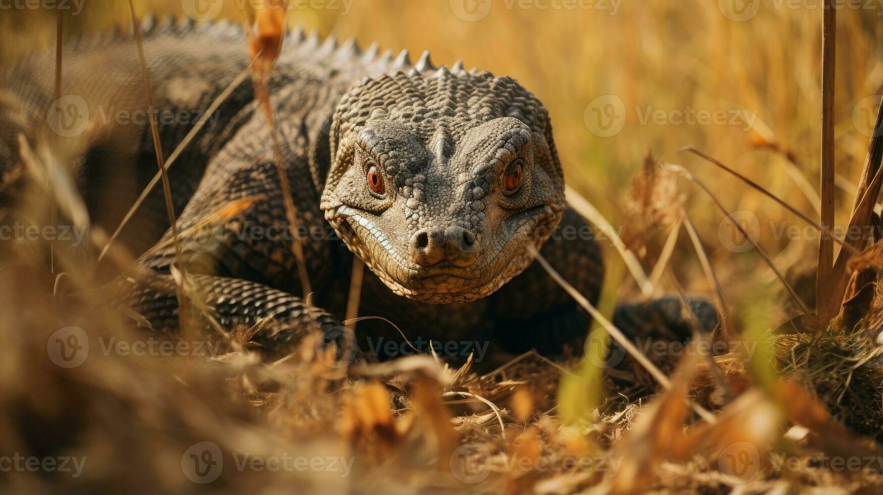 komodo Drago nascosto predatore fotografia erba nazionale geografico stile documentario sfondo foto