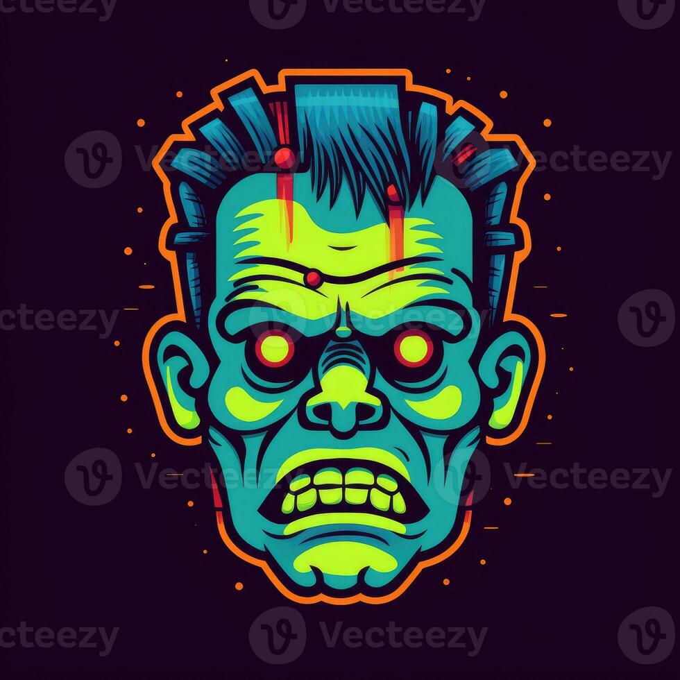 Frankenstein zombie neon icona logo Halloween pauroso luminosa illustrazione tatuaggio isolato vettore foto