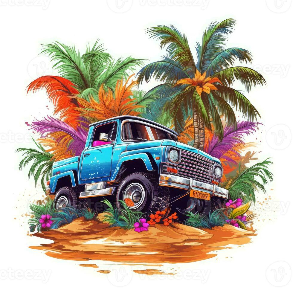 camion camionetta colorato tropicale spruzzo maglietta design tatuaggio etichetta clipart onda miami parassita foto