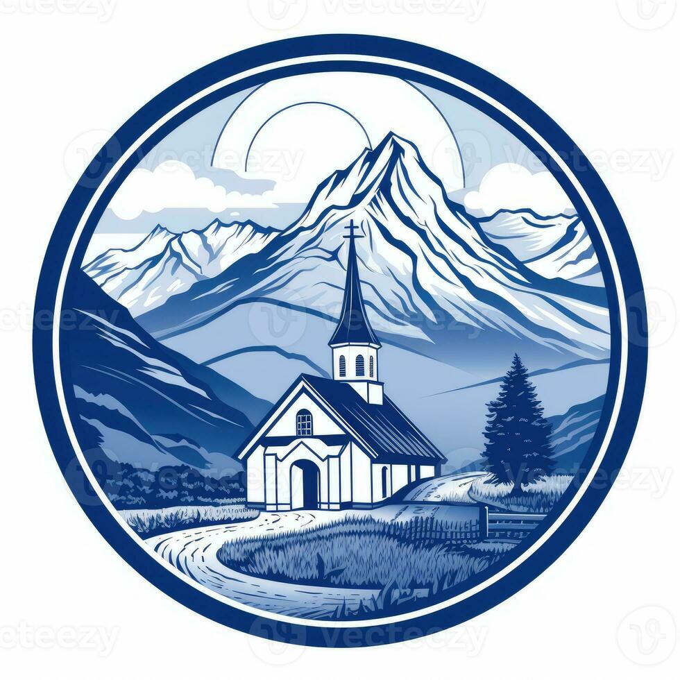 Casa mulino distintivo emblema logo vettore piatto etichetta icona silhouette blu montagne clipart foto