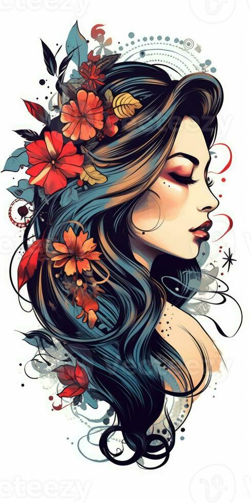 tatuaggio design donna ragazza fiori retrò stile illustrazione clipart manifesto schizzo fascino grafico foto