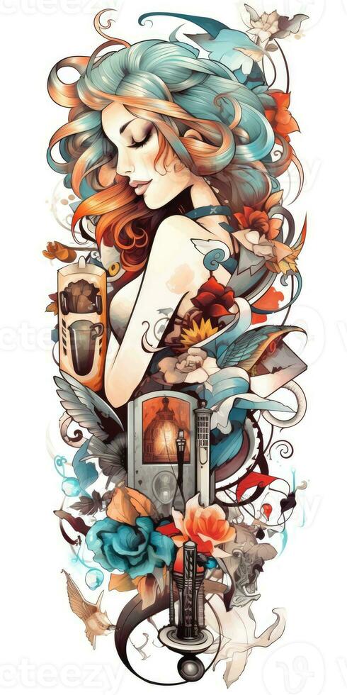 tatuaggio design donna ragazza fiori retrò stile illustrazione clipart manifesto schizzo fascino grafico foto