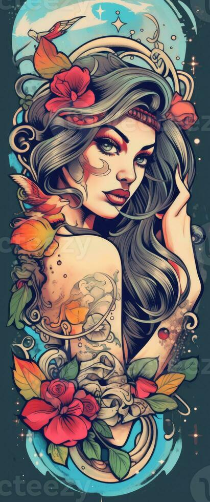 tatuaggio design donna ragazza fiori retrò stile illustrazione clipart manifesto schizzo fascino grafico foto