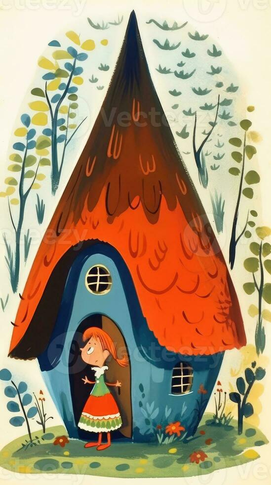 foresta capanna Casa fiaba personaggio cartone animato illustrazione fantasia carino disegno libro arte grafico foto