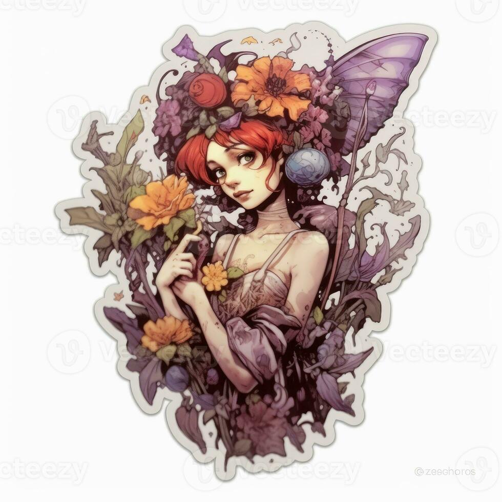 Fata ragazza demone fiori tatuaggio etichetta illustrazione Halloween pauroso raccapricciante orrore pazzo diavolo foto