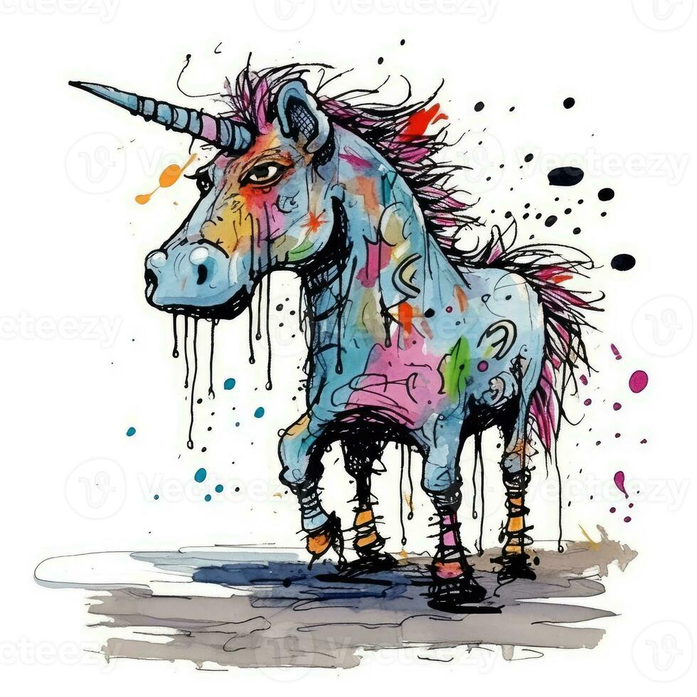 pazzo unicorno schizzo caricatura ictus scarabocchio illustrazione vettore mano disegnato portafortuna clipart foto