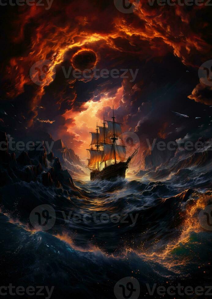 mare tempesta nave Luna sognante fantasia mistero tarocco illustrazione arte tatuaggio manifesto carta notte foto