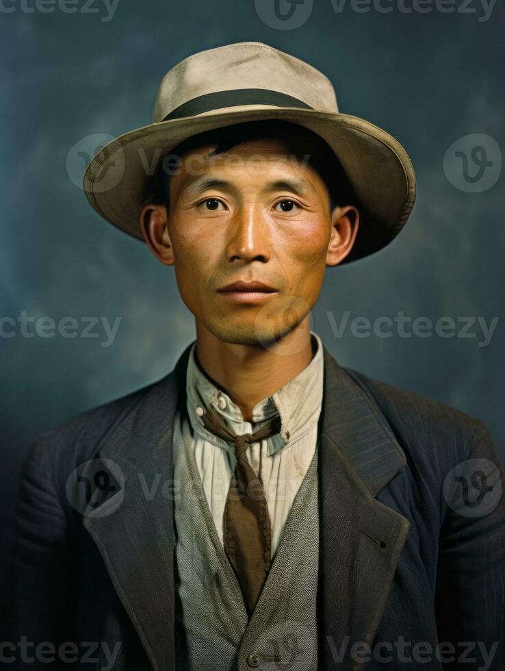 asiatico uomo a partire dal il presto 1900 colorato vecchio foto ai generativo