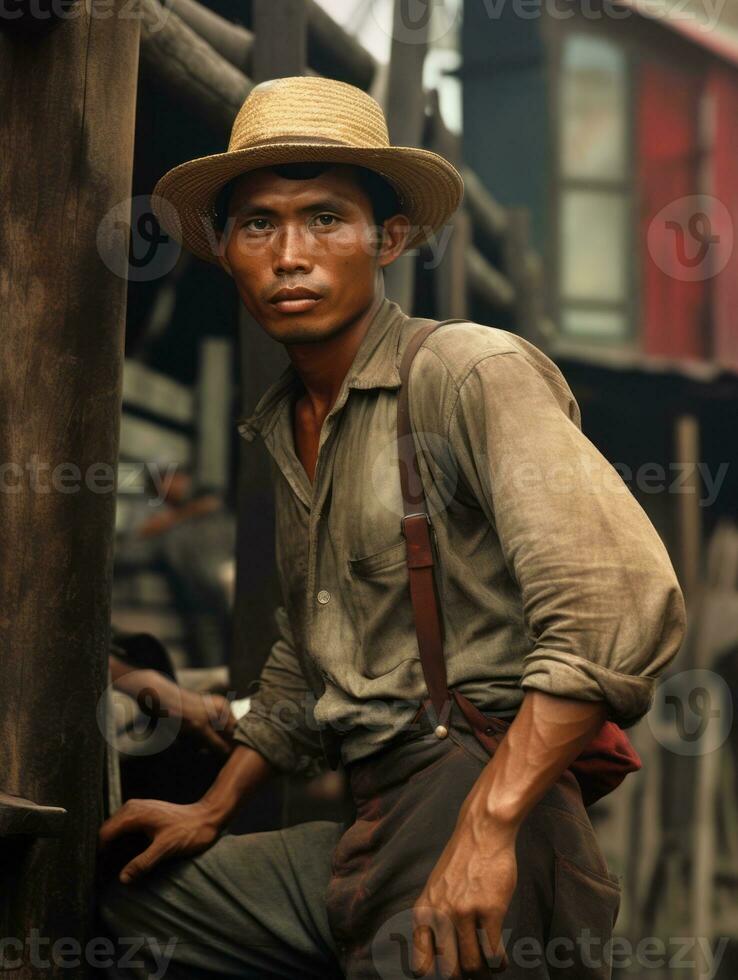 asiatico uomo a partire dal il presto 1900 colorato vecchio foto ai generativo