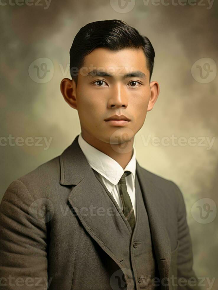 asiatico uomo a partire dal il presto 1900 colorato vecchio foto ai generativo