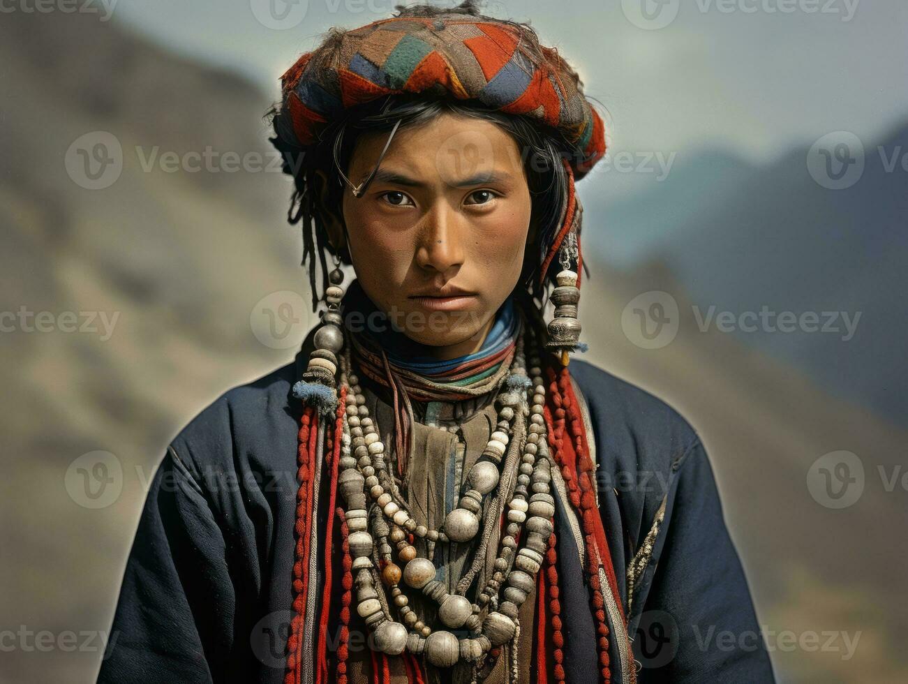 asiatico uomo a partire dal il presto 1900 colorato vecchio foto ai generativo