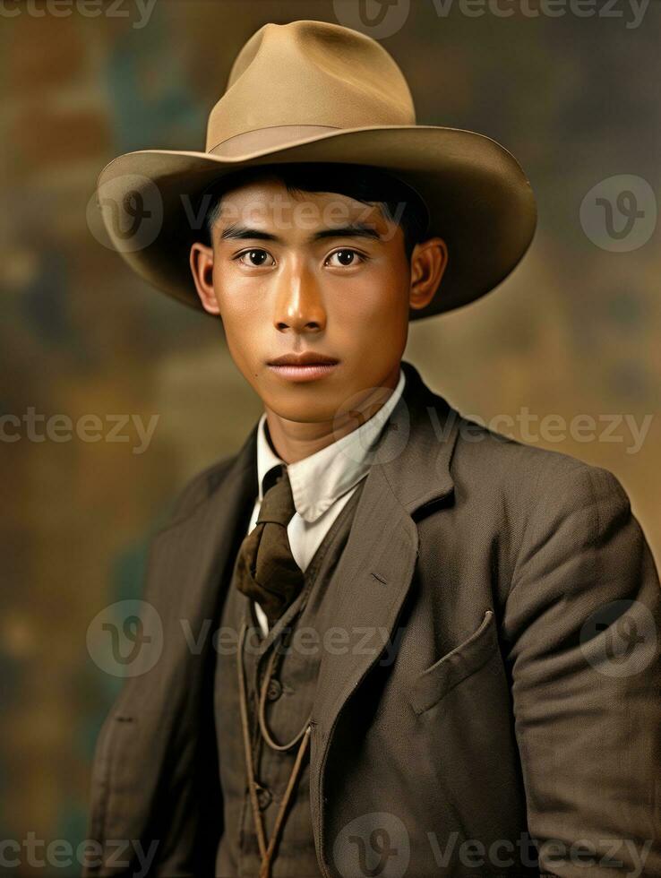 asiatico uomo a partire dal il presto 1900 colorato vecchio foto ai generativo