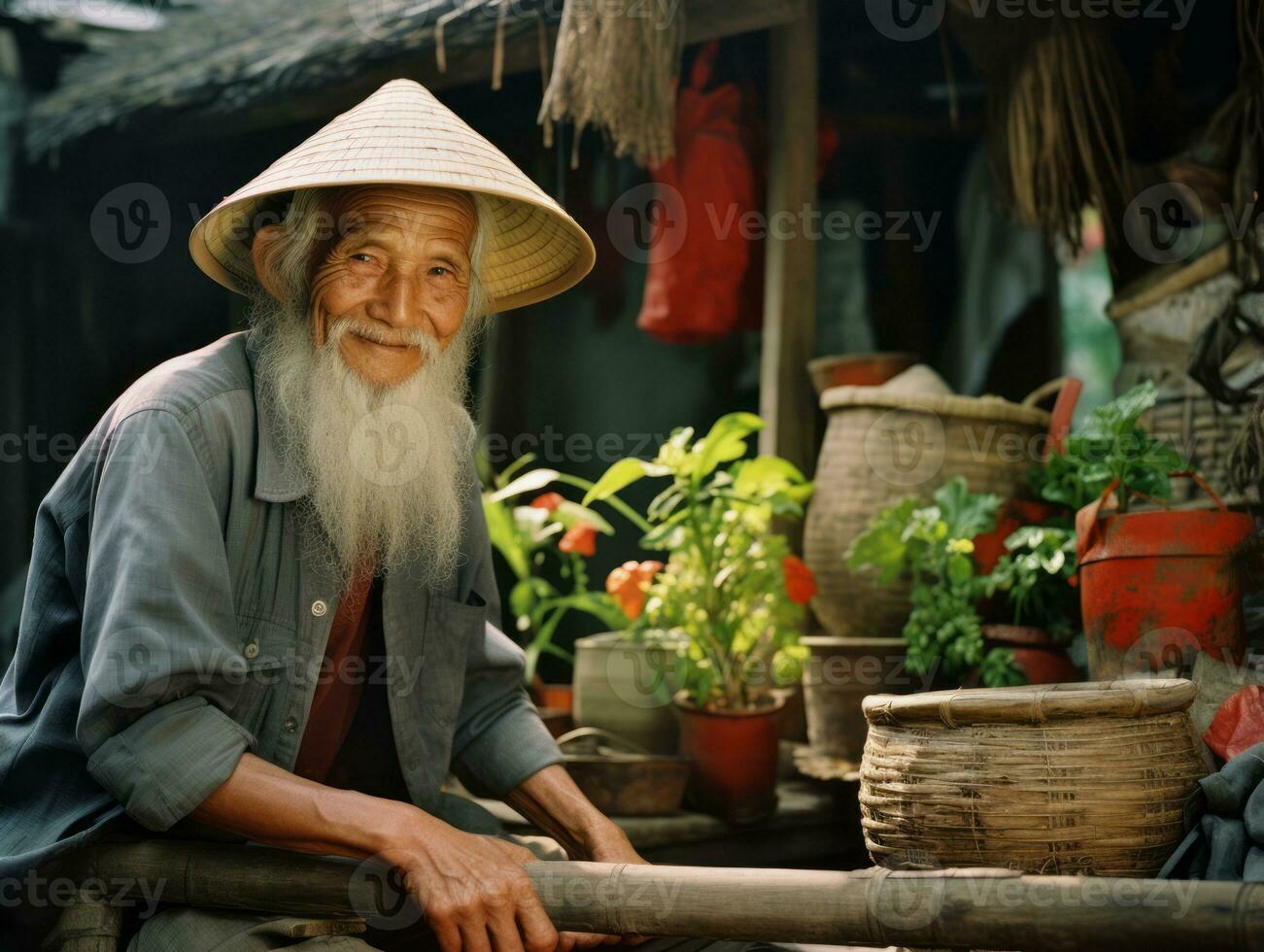 asiatico uomo a partire dal il presto 1900 colorato vecchio foto ai generativo