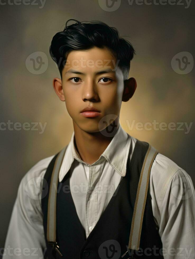 asiatico uomo a partire dal il presto 1900 colorato vecchio foto ai generativo