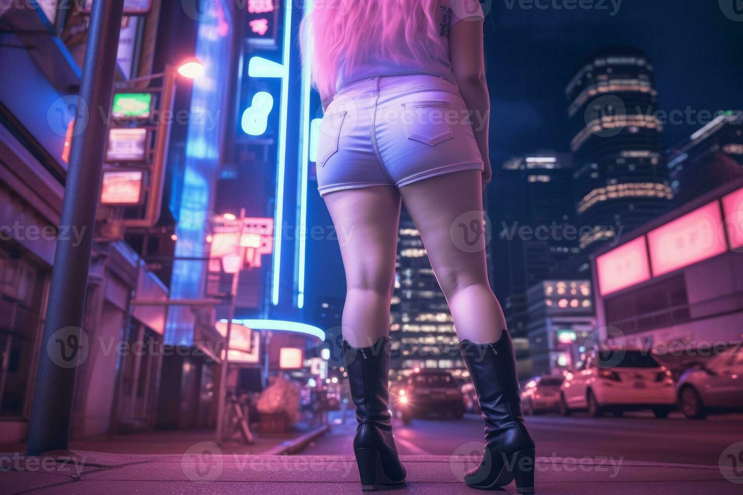 più dimensione moderno donna a dondolo moderno contro il vivace neon strade ai generativo foto