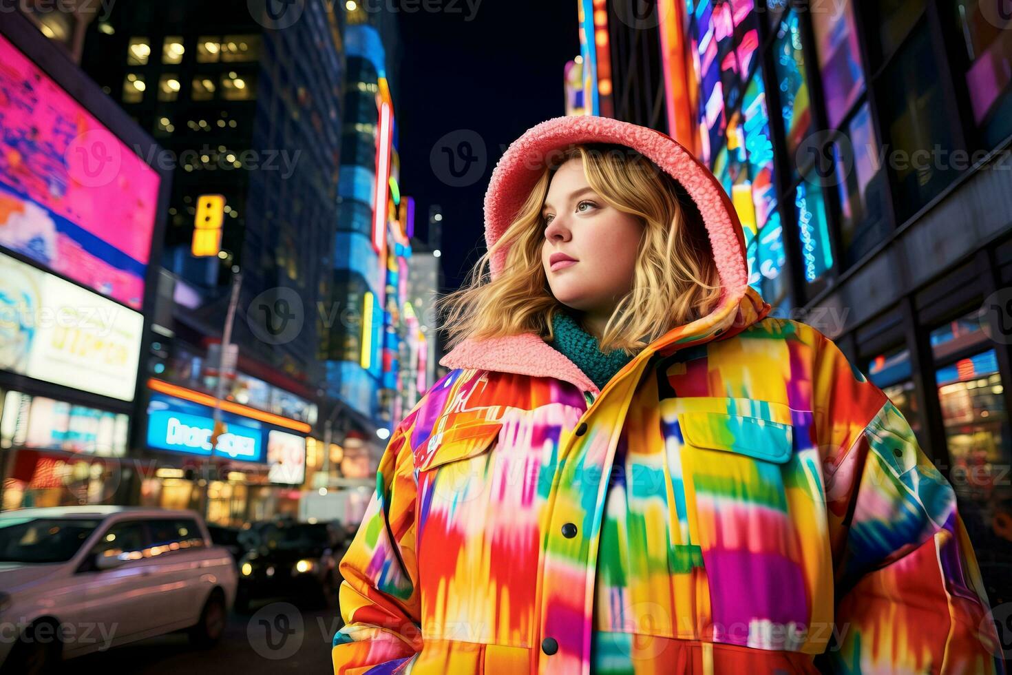più dimensione moderno donna a dondolo moderno contro il vivace neon strade ai generativo foto