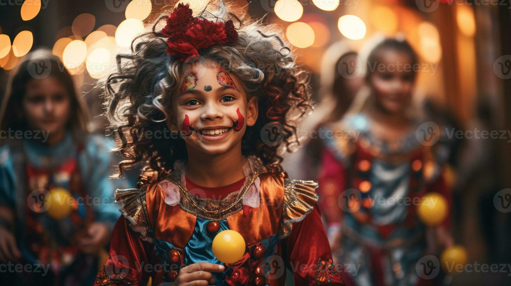carino poco bambini vestito su come pagliacci per Halloween a piedi giù il marciapiede insieme - generativo ai. foto