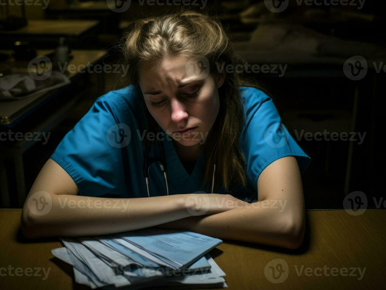 femmina medico accuratamente esamina un' paziente nel sua ufficio ai generativo foto