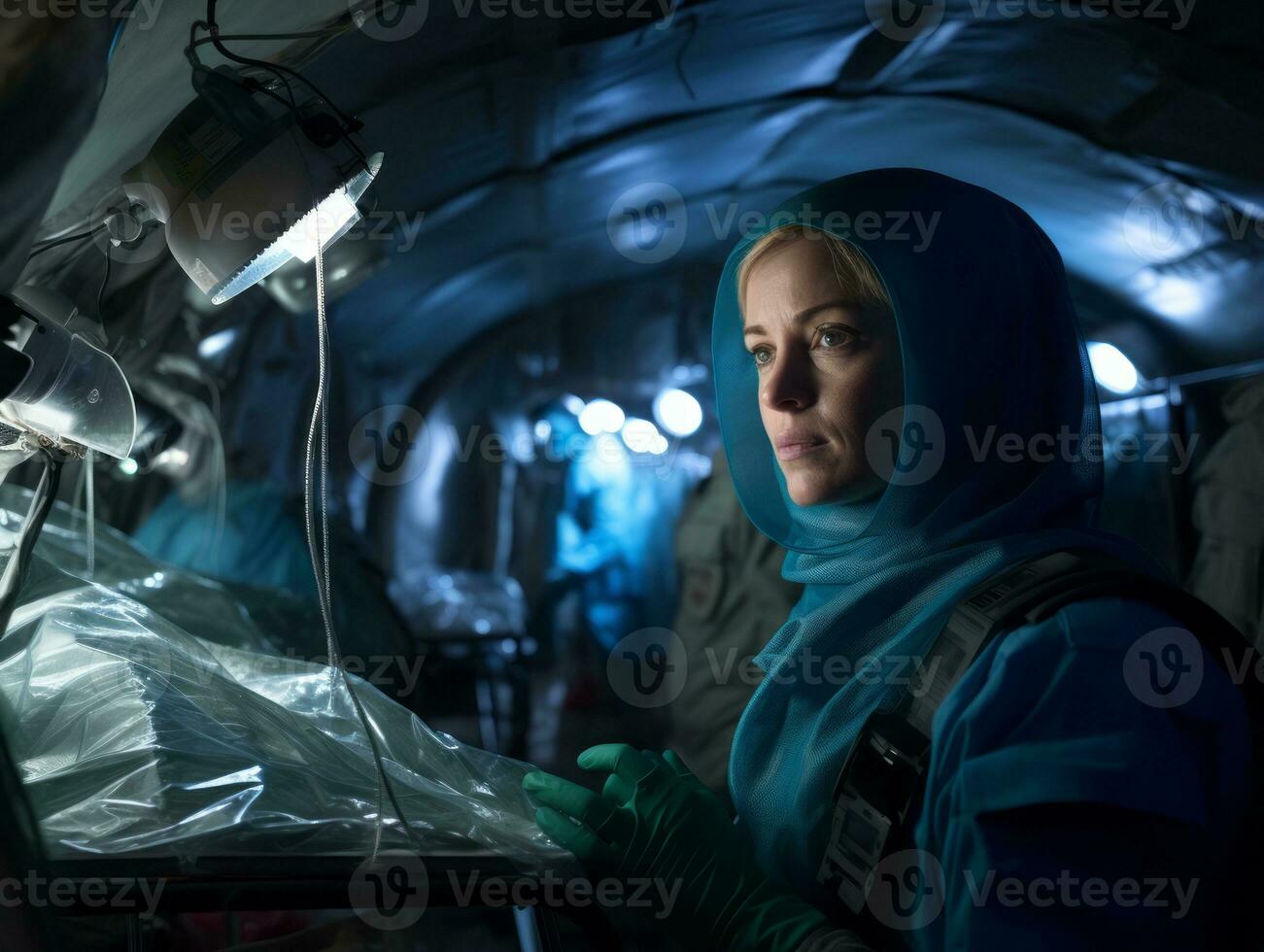 femmina medico accuratamente esamina un' paziente nel sua ufficio ai generativo foto