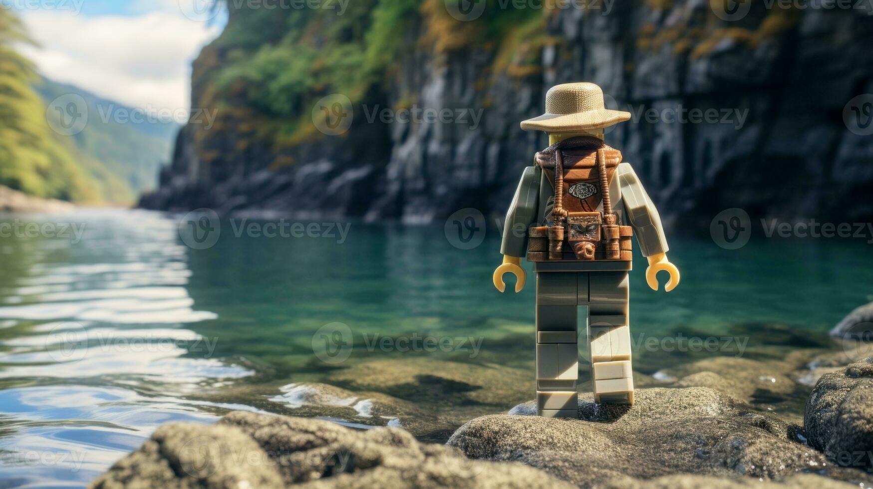 Lego personaggio imbarco su epico avventure con amici ai generativo foto