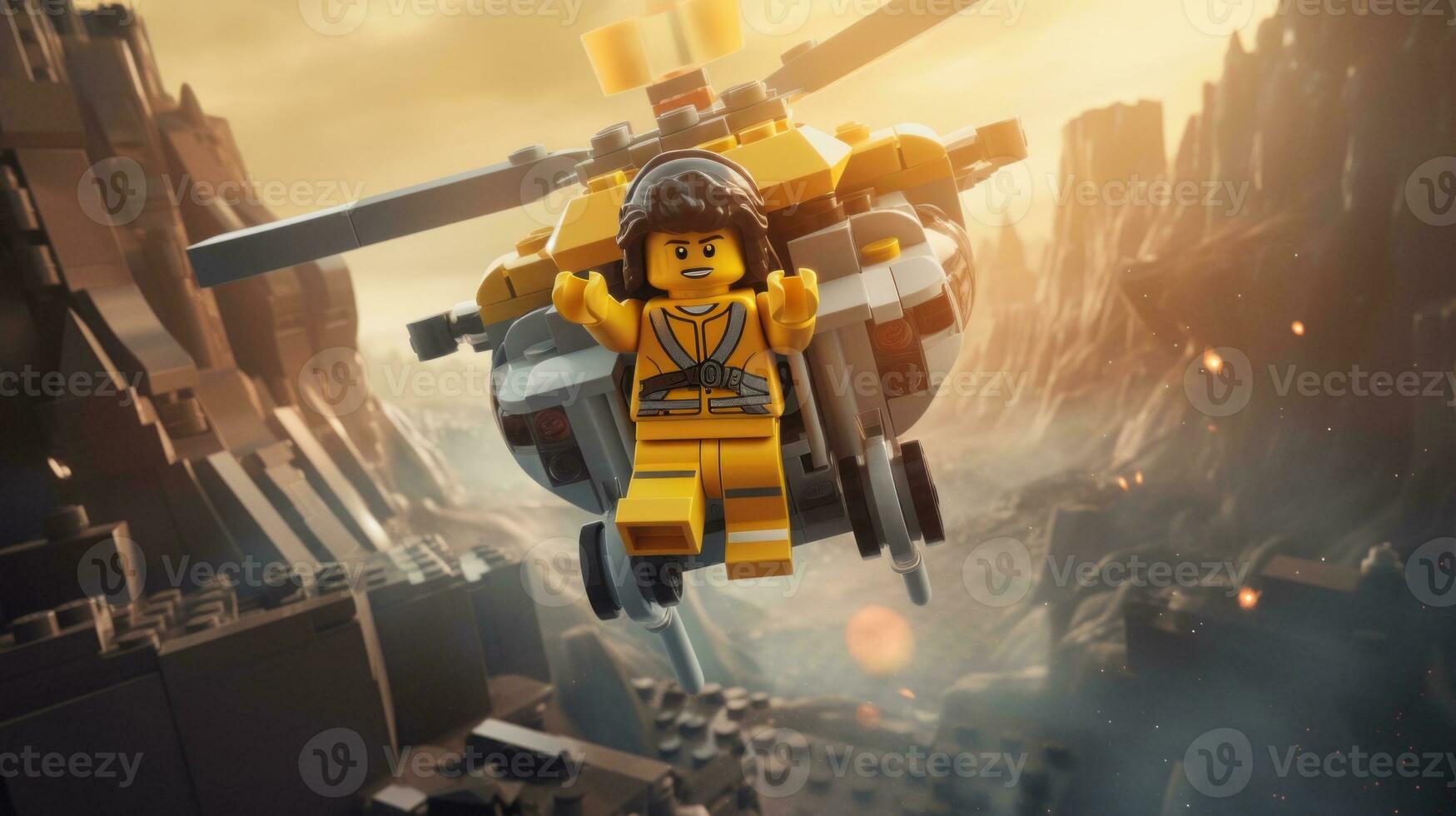 Lego personaggio imbarco su epico avventure con amici ai generativo foto