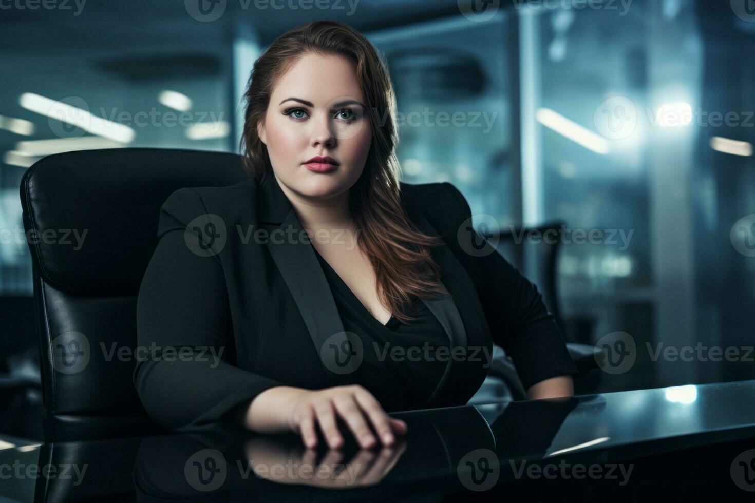 elegante taglia grossa donna manager nel un' professionale attrezzatura ai generativo foto