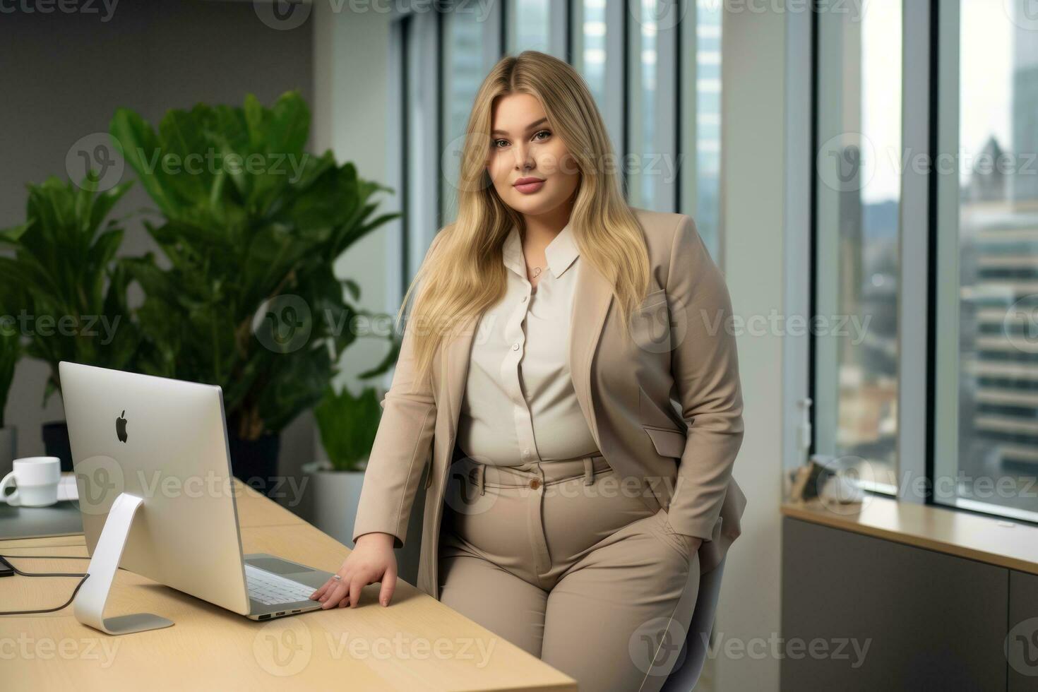 elegante taglia grossa donna manager nel un' professionale attrezzatura ai generativo foto