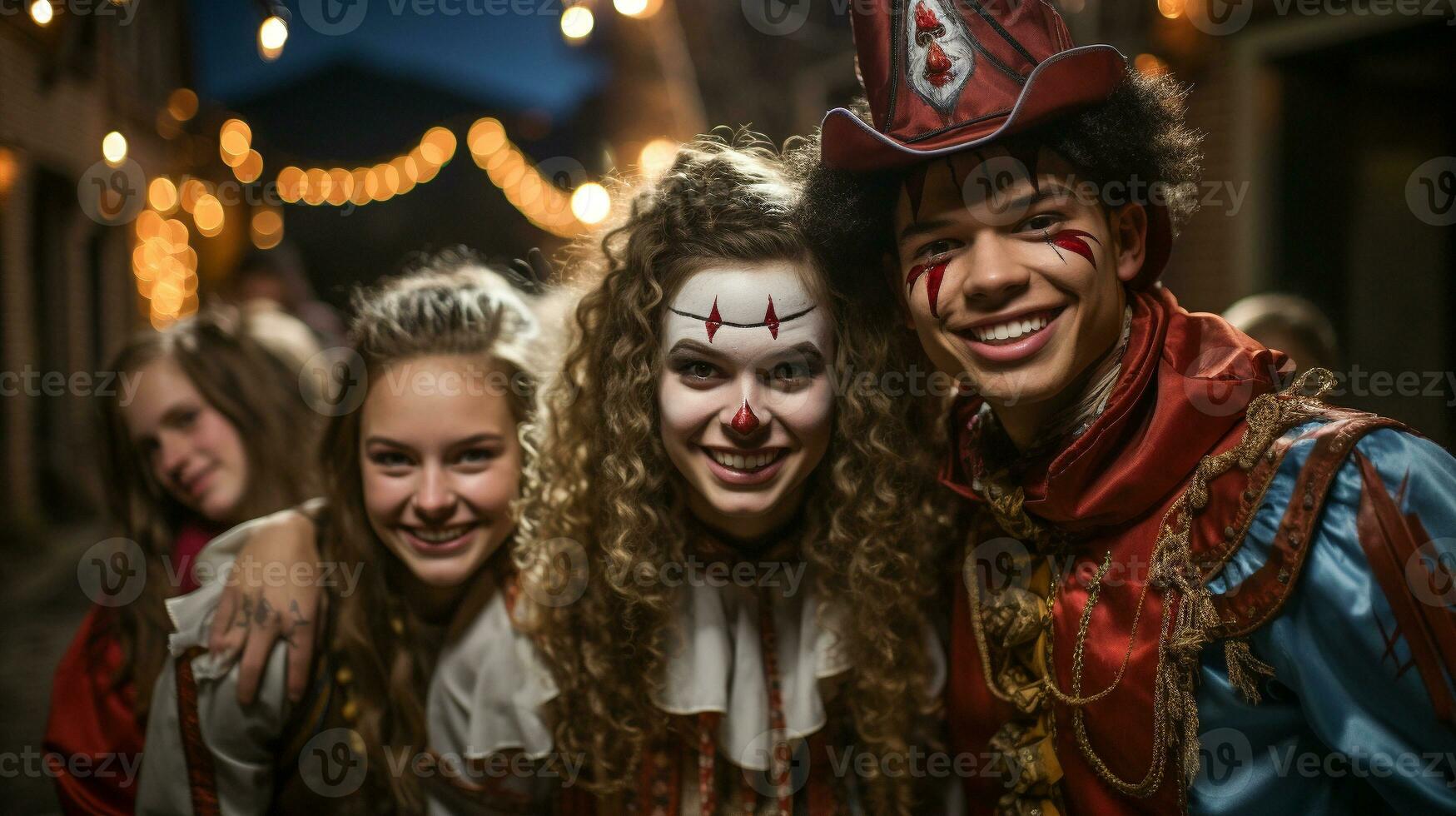 parecchi adolescenti vestito su come pagliacci per Halloween a piedi giù il marciapiede insieme - generativo ai. foto