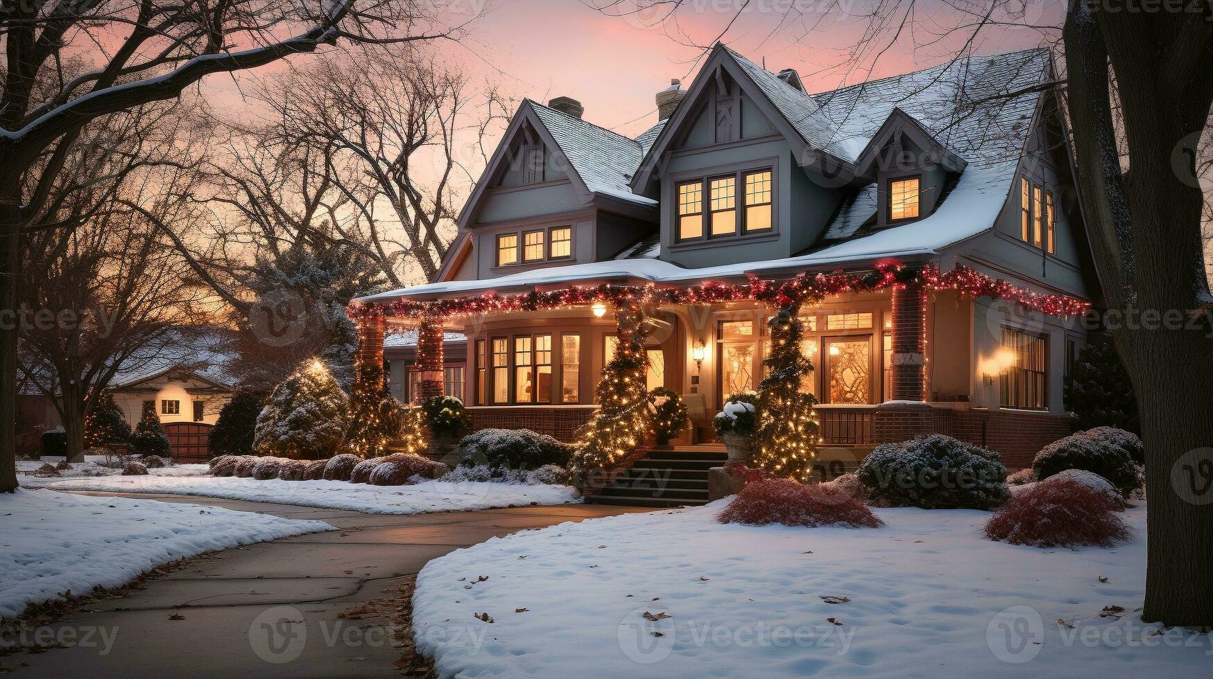 bellissimo Natale decorato Casa su un' inverno sera. generativo ai. foto