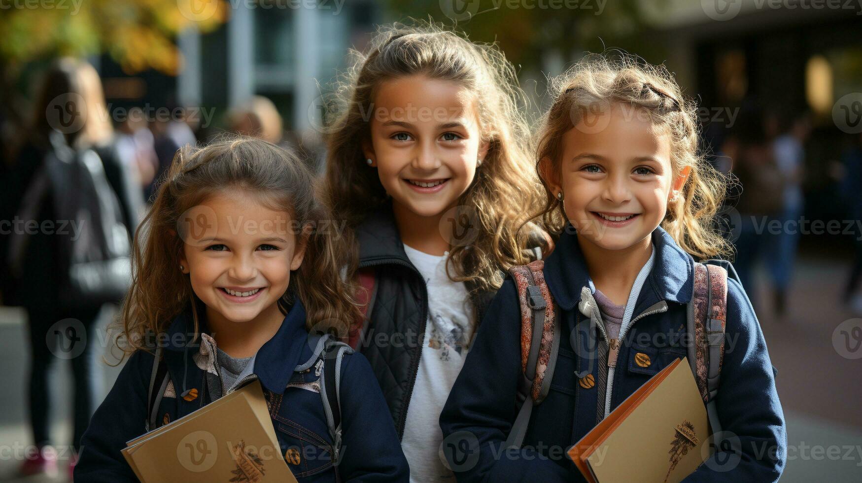 contento e eccitato giovane bambini studenti a piedi su il città universitaria di loro scuola - generativo ai. foto