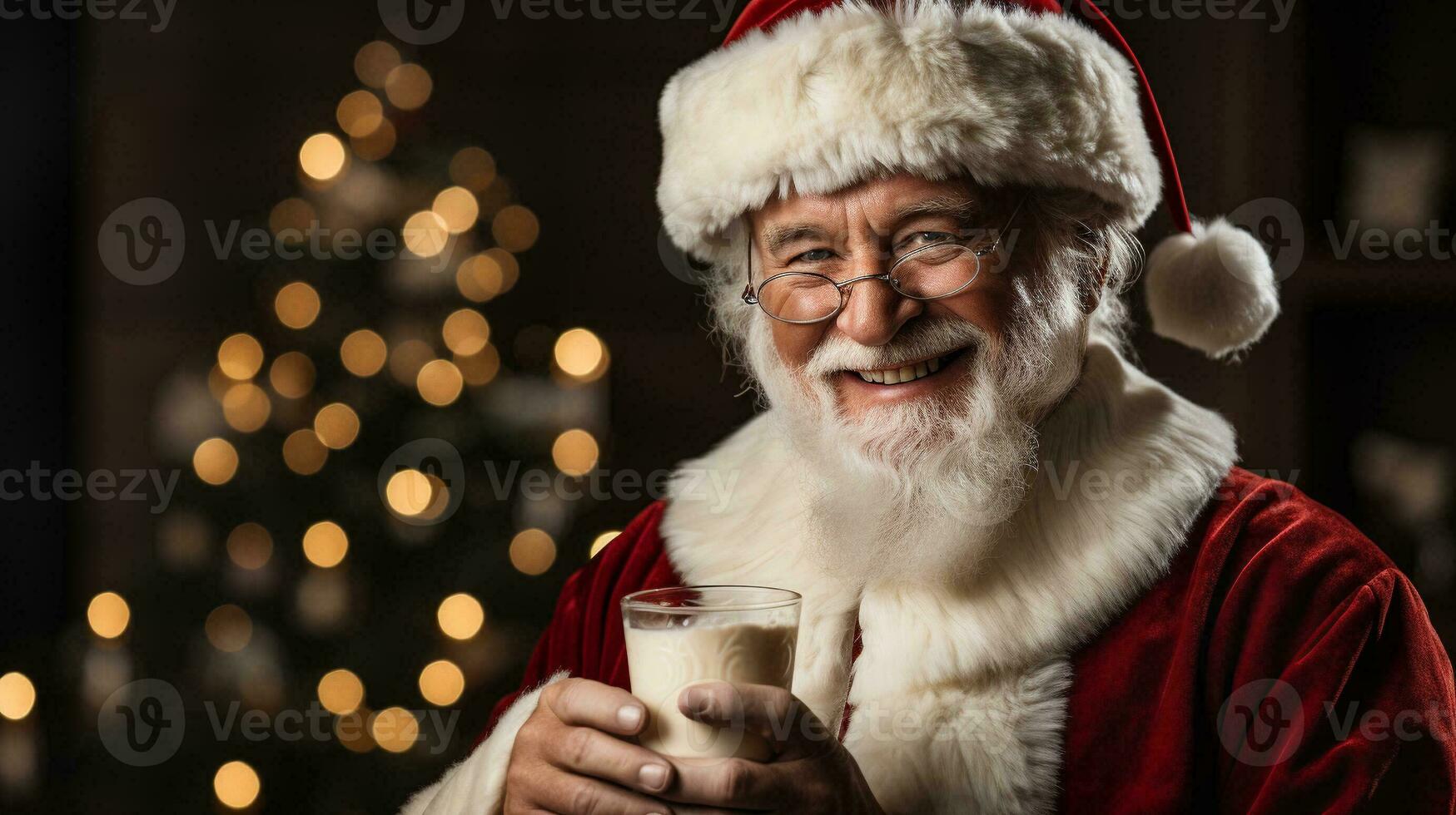 Santa Claus godendo il suo bicchiere di latte Il prossimo per il Natale albero. generativo ai. foto