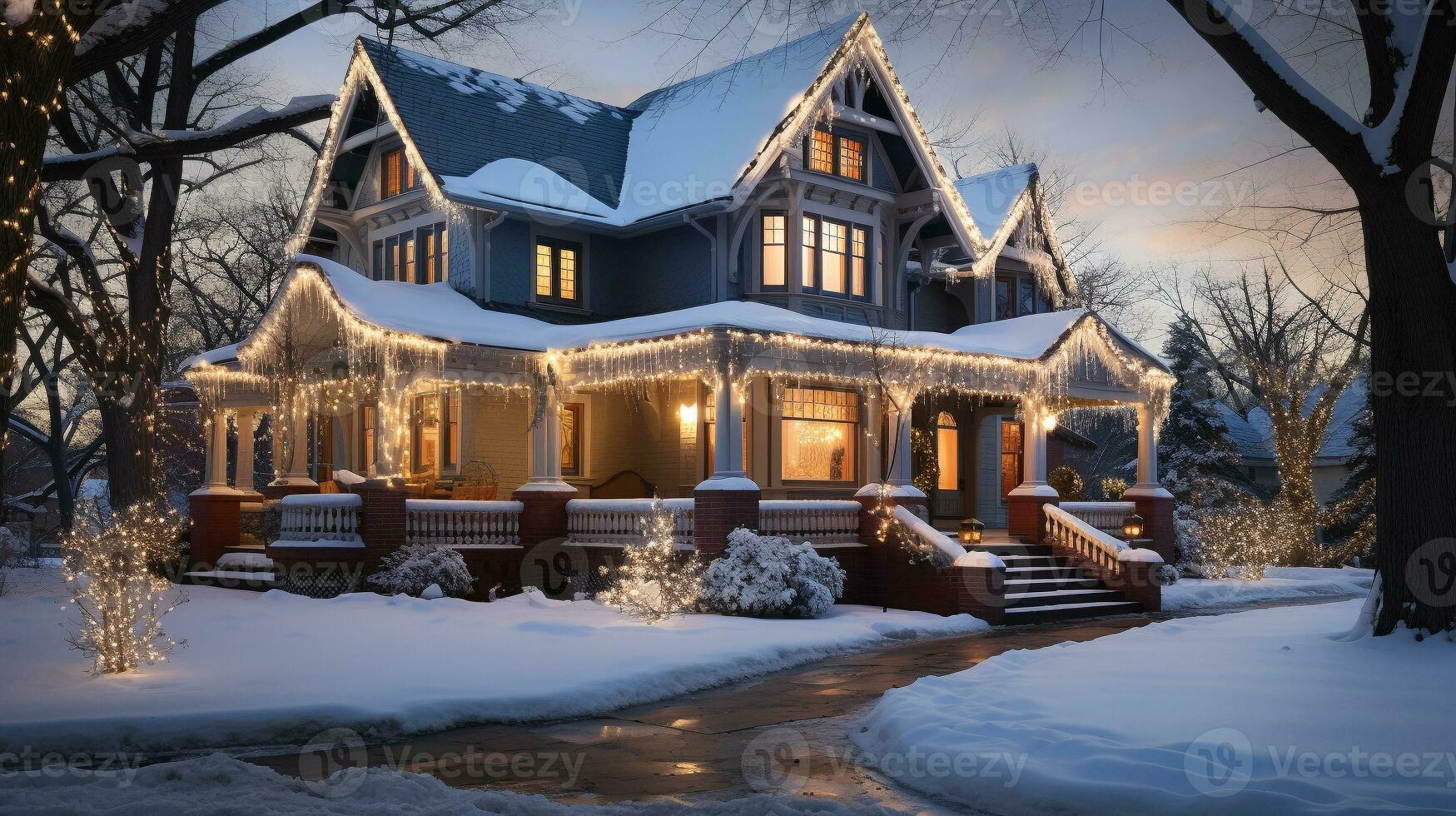 bellissimo Natale decorato Casa su un' inverno sera. generativo ai. foto