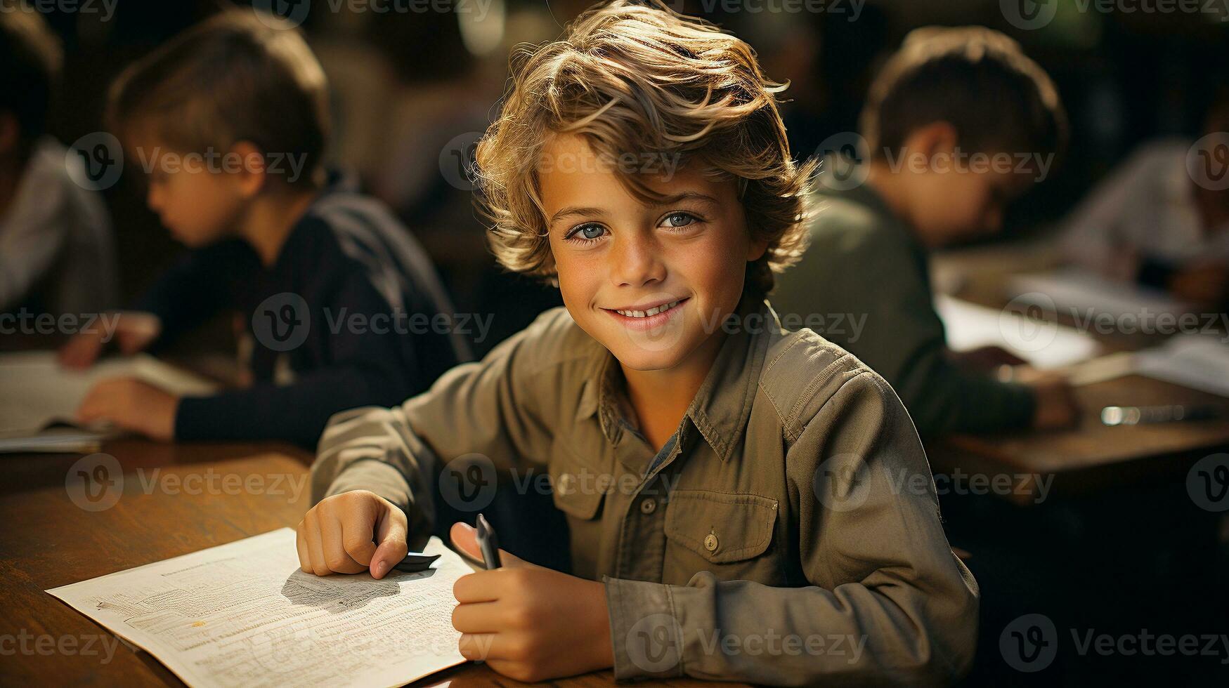 giovane bello sorridente caucasico ragazzo alunno a scrivania nel scuola aula - generativo ai. foto