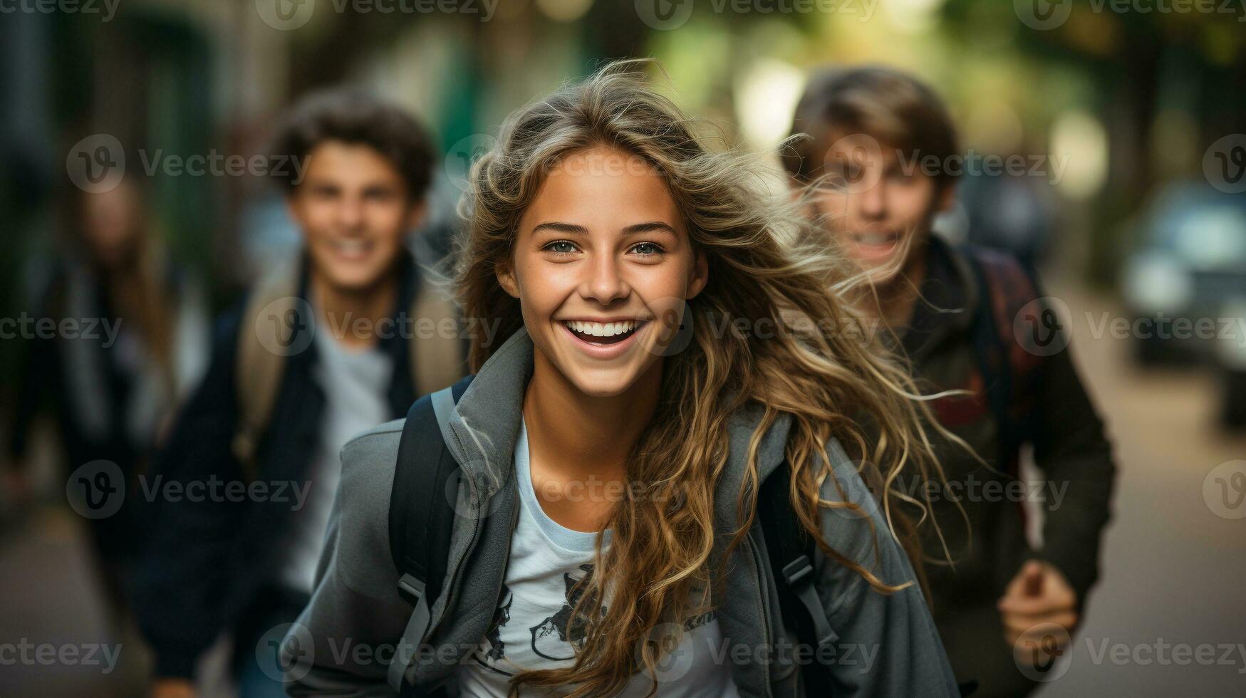 contento e eccitato adolescente studenti a piedi su il città universitaria di loro scuola - generativo ai. foto