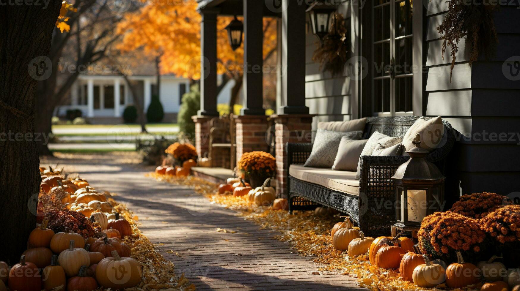 autunno e autunno meravigliosamente decorato Casa portici con zucche, zucche e posti a sedere - generativo ai. foto