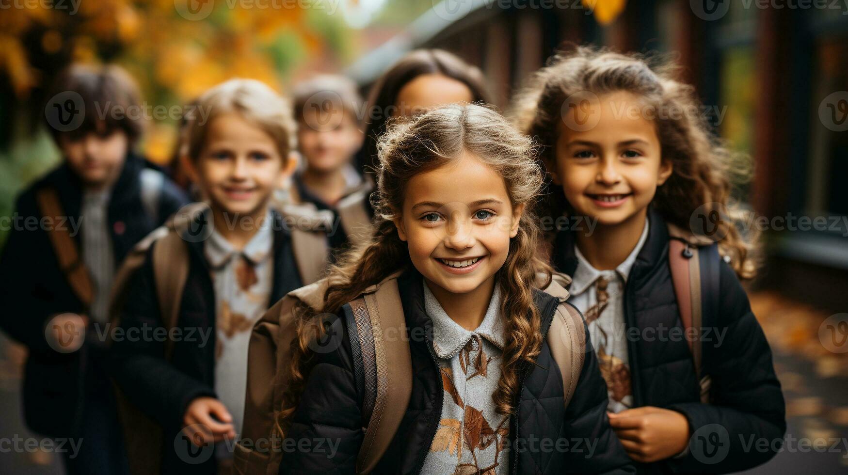 contento e eccitato giovane bambini studenti a piedi su il città universitaria di loro scuola - generativo ai. foto