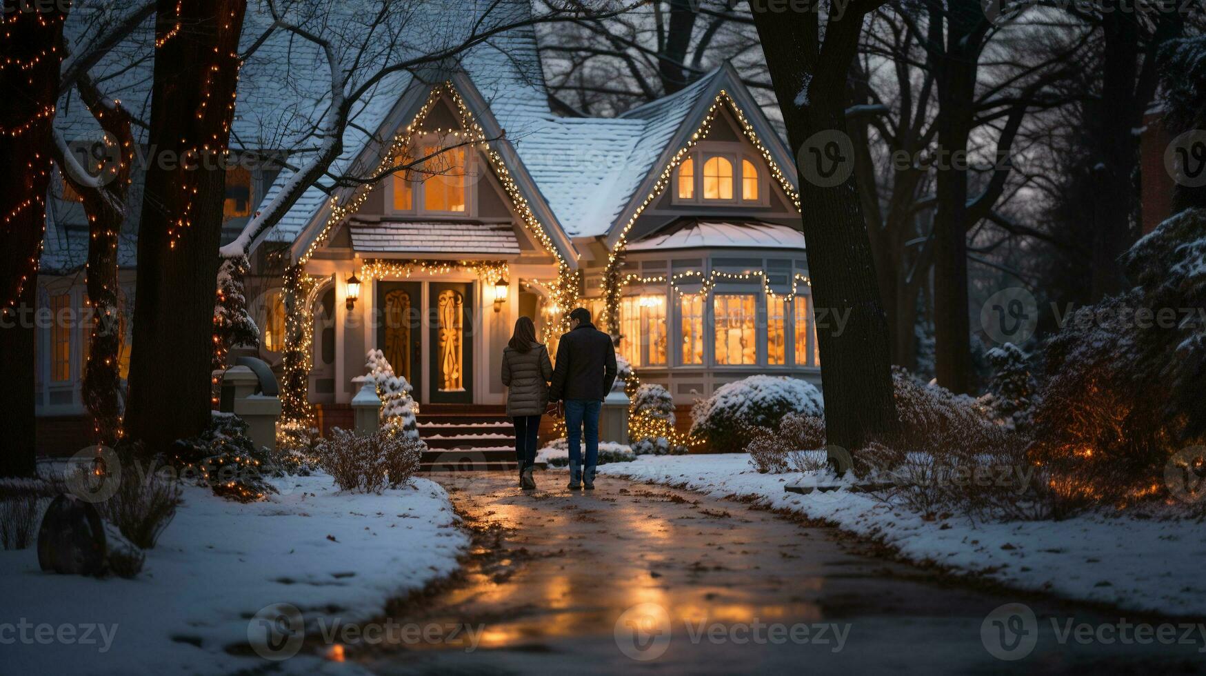 coppia a piedi verso il davanti porta di un' meravigliosamente decorato Natale a tema Casa su un' inverno sera. generativo ai. foto