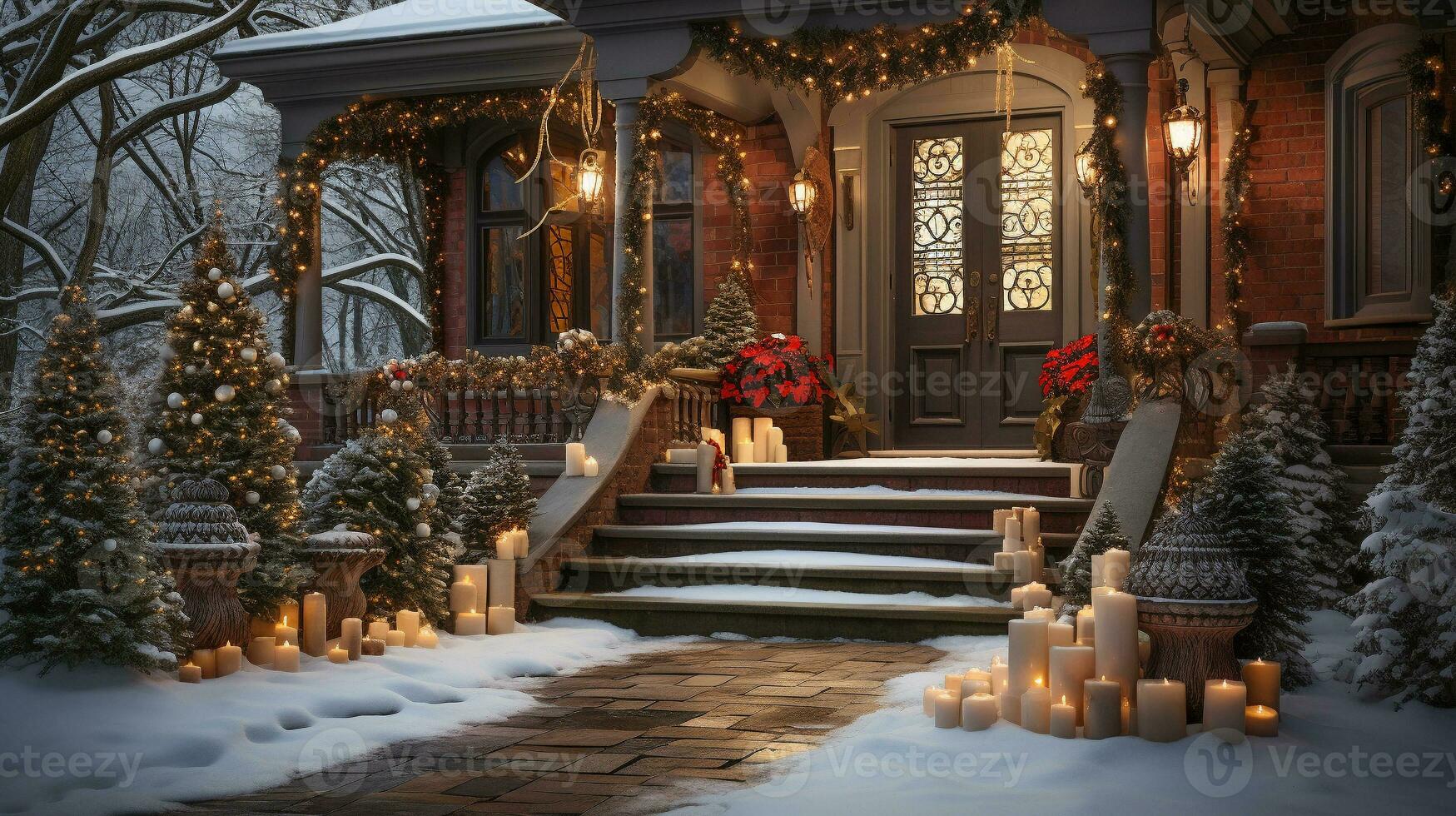 bellissimo Natale decorato davanti porta e veranda di un' Casa su un' inverno sera. generativo ai. foto