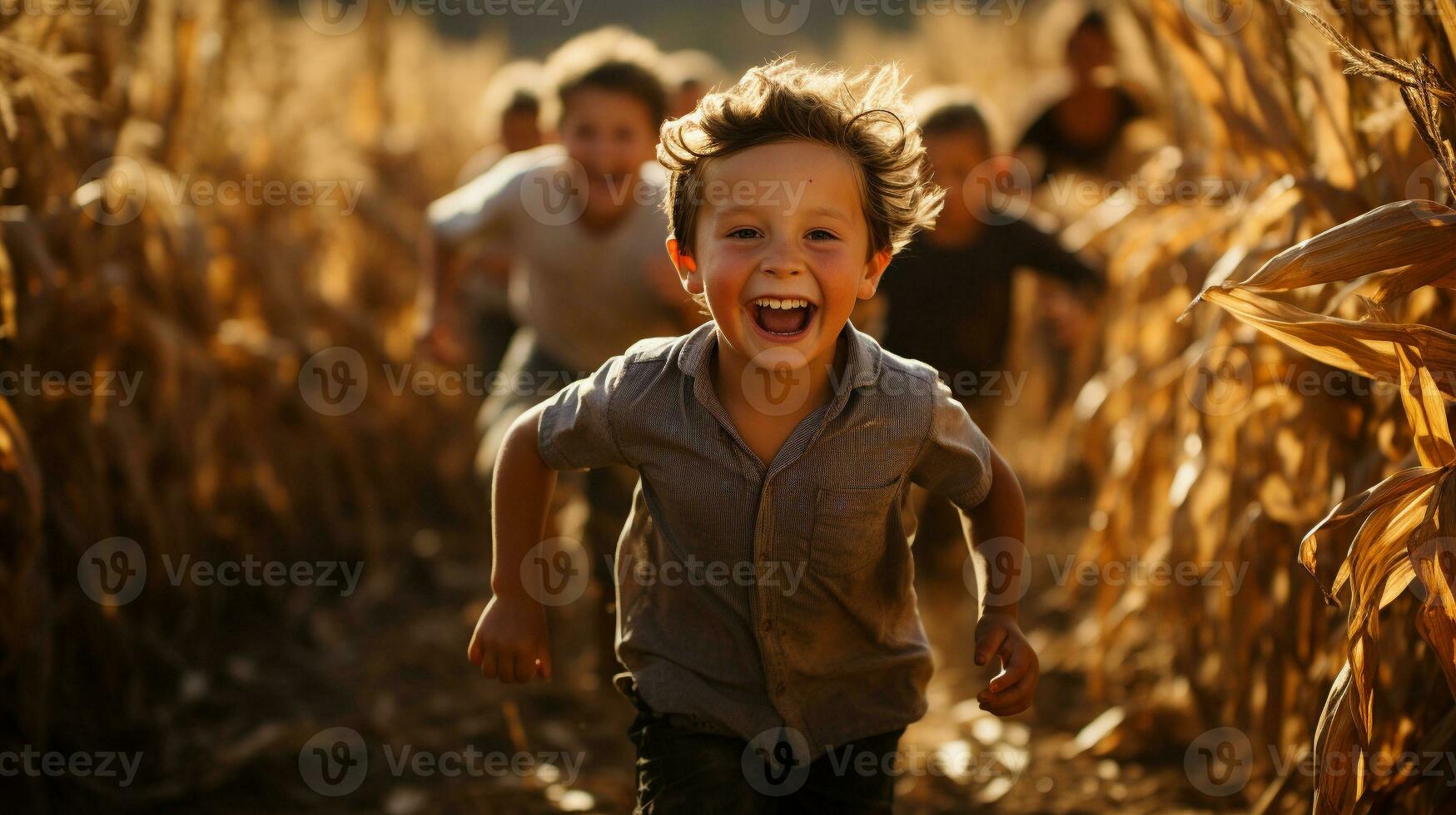 contento ridendo bambini in esecuzione amist il Mais i campi su un' autunno giorno - generativo ai. foto