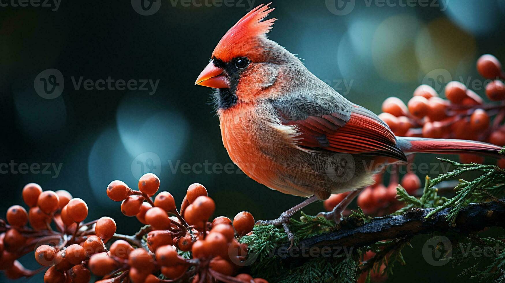 Natale rosso cardinale uccello su il ramo su un' invernale nevoso giorno. generativo ai. foto