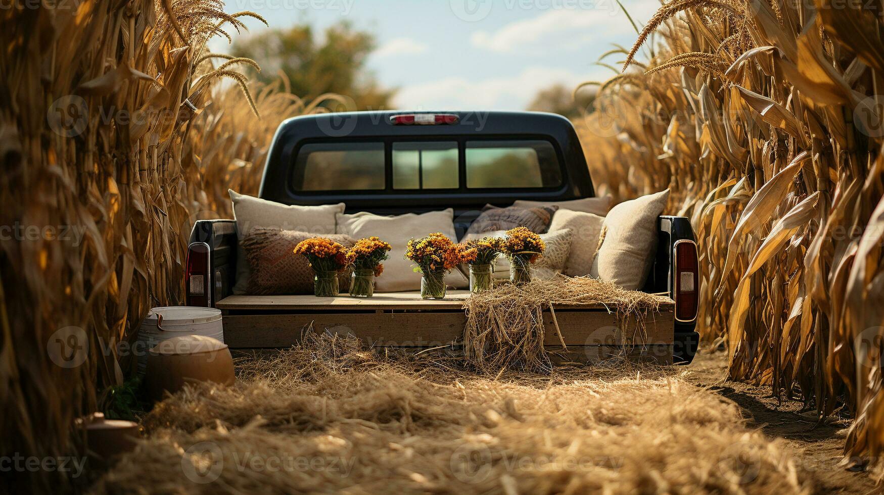 Vintage ▾ camion letto pieno con autunno a tema decorazioni e cuscini - generativo ai. foto