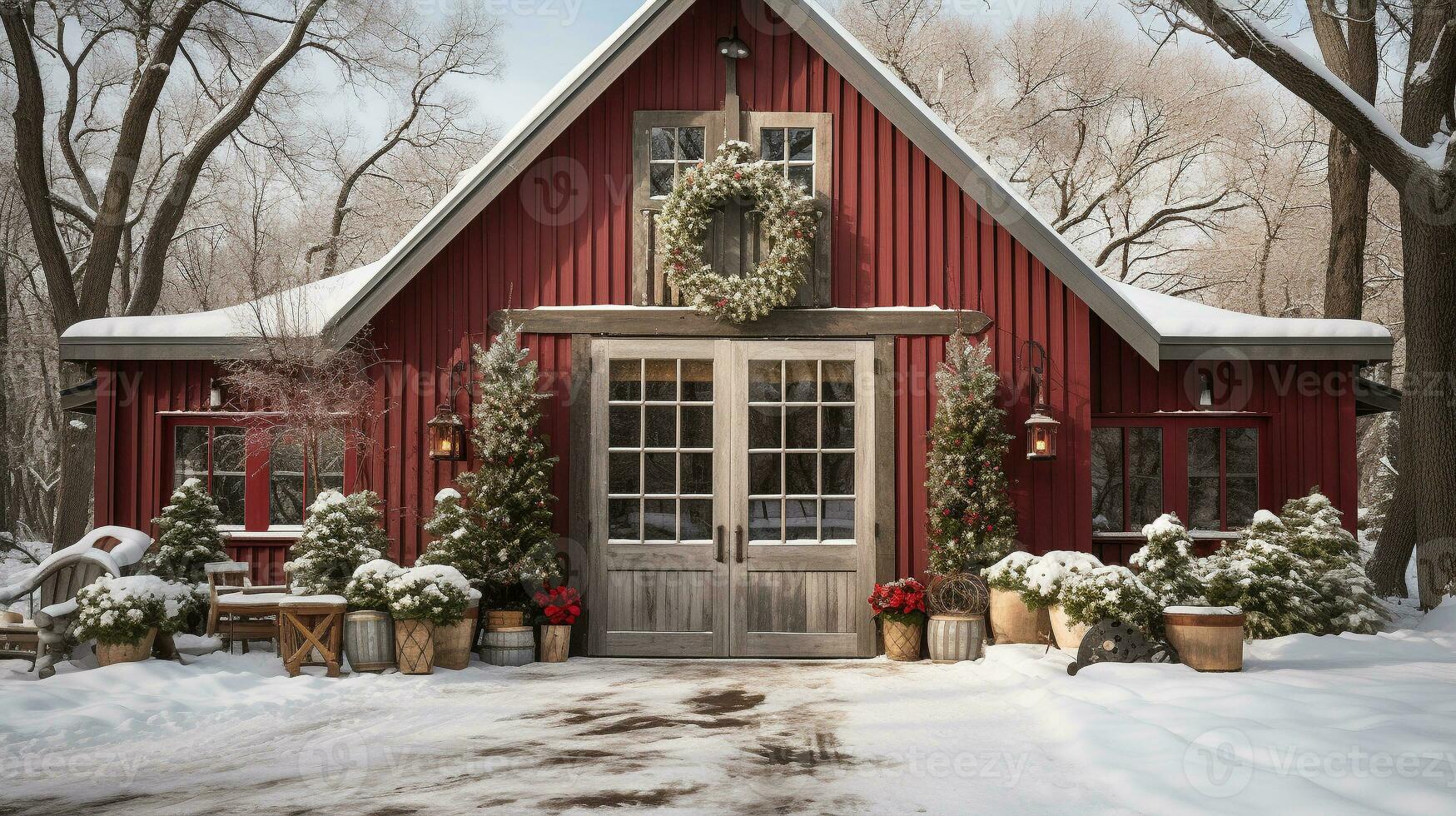 rosso fienile, Casa o negozio decorato per Natale nel un' bellissimo inverno nevoso scena. generativo ai. foto